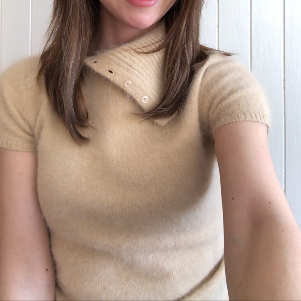 Angora blend short sleeve sweater in camel